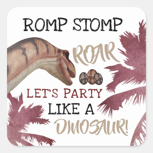 Pegatina Cuadrada Huevos Dinos, fiesta de cumpleaños de los dinosaur (Anverso)