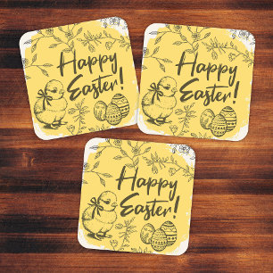 Pegatina Cuadrada Huevos Felices de Pascua & Pollo Amarillo