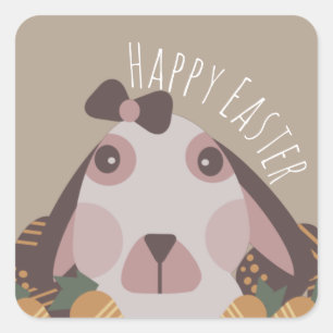 Pegatina Cuadrada Huevos Felices Pascua Conejo Zanahorias