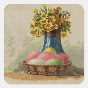 Pegatina Cuadrada Huevos Flores Canasta Pascua Antiguo