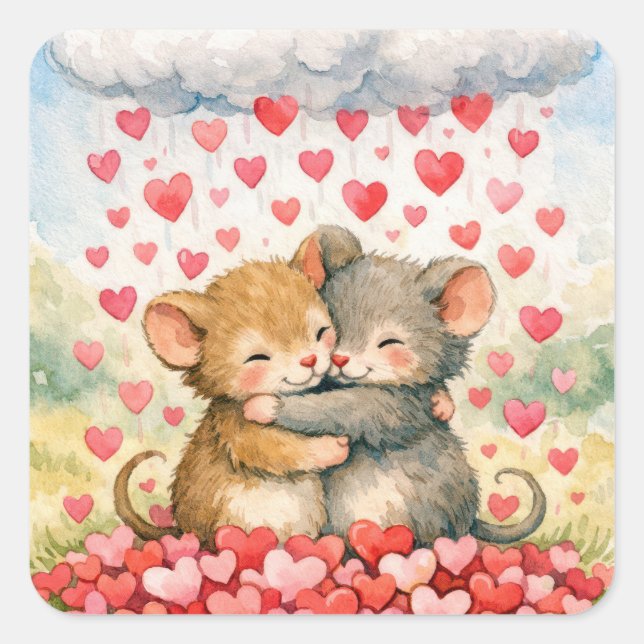 Pegatina Cuadrada Hugging Mice Under a Cloud of Hearts (Anverso)