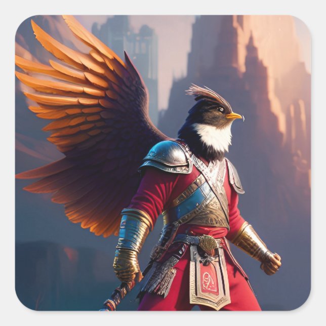 Pegatina Cuadrada Humanioide de pájaro con equipo guerrero y espada (Anverso)