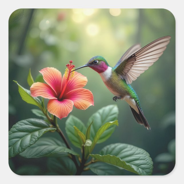 Pegatina Cuadrada Hummingbird a un hibiscus (Anverso)