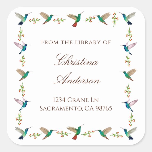 Pegatina Cuadrada Hummingbird Bookplate (Anverso)