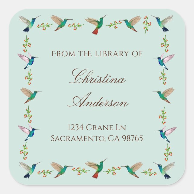 Pegatina Cuadrada Hummingbird Bookplate (Anverso)