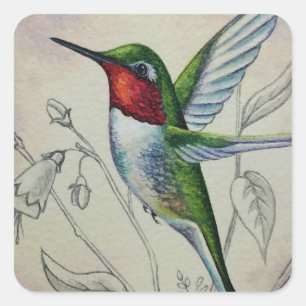 Pegatina Cuadrada Hummingbird No. 1 Watercolor Art