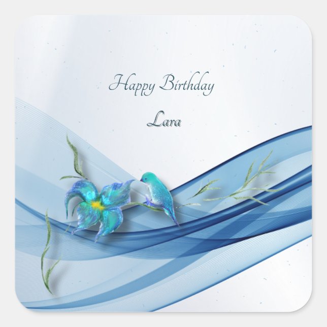 Pegatina Cuadrada Hummingbird y los pegatinas de la ola azul (Anverso)
