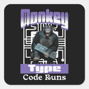 Pegatina Cuadrada Humor de Programador con Mono Tecleando Código