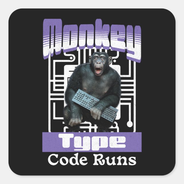 Pegatina Cuadrada Humor de Programador con Mono Tecleando Código (Anverso)