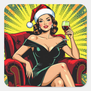 Pegatina Cuadrada Humor de Vino Arte Pop Retro Navidad