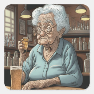 Pegatina Cuadrada Humor gracioso anciano con cerveza y disparo