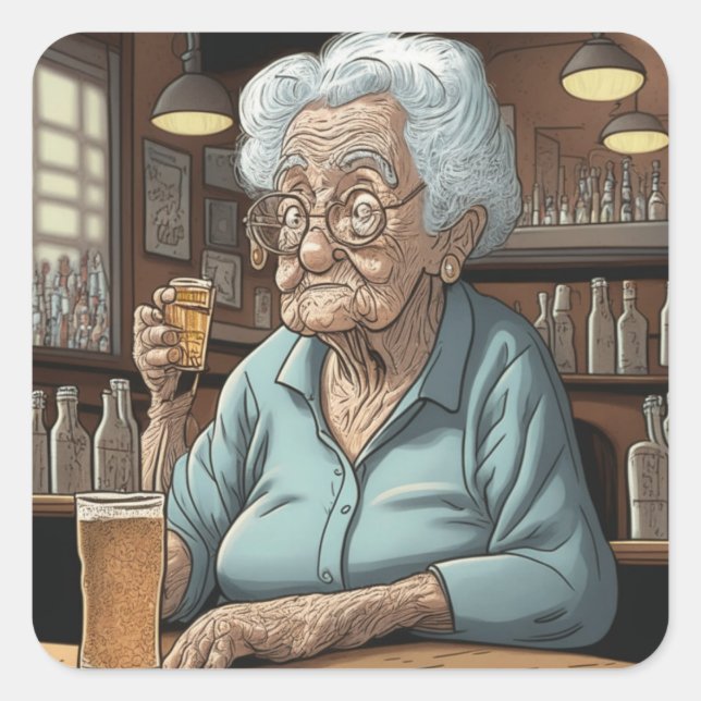 Pegatina Cuadrada Humor gracioso anciano con cerveza y disparo (Anverso)