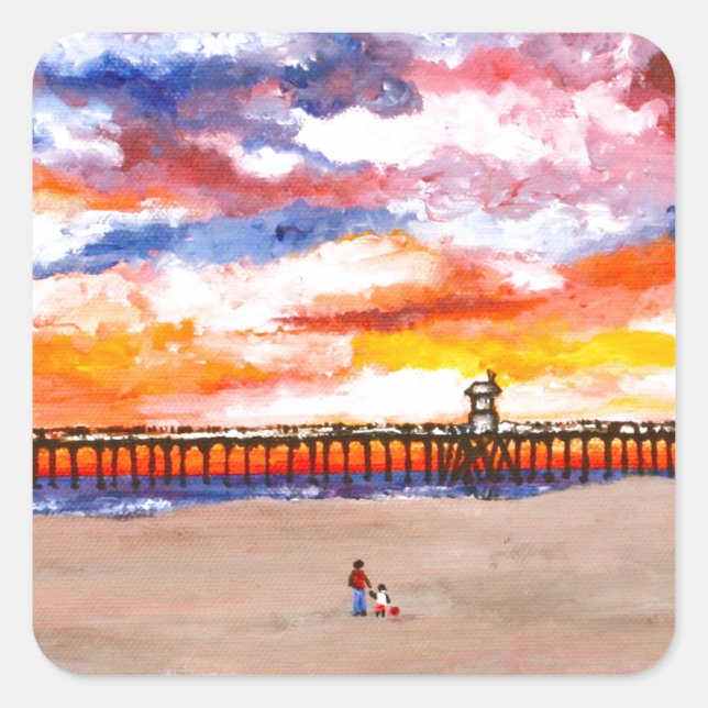 Pegatina Cuadrada Huntington Beach Pier 2 (Anverso)