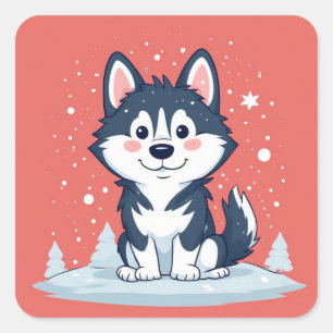 Pegatina Cuadrada Husky de dibujos animados sentado en la nieve de N
