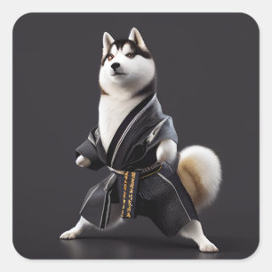 Pegatina Cuadrada Husky Dog conoce a Karate, jugador de Husky Dog Ka