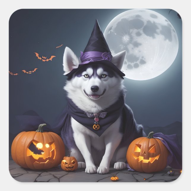 Pegatina Cuadrada Husky Dog Halloween Adventure Moonlit Magic Spooky (Anverso)