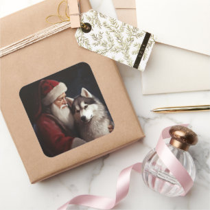 Pegatina Cuadrada Husky Siberiano con Santa Claus Navideño Festivo