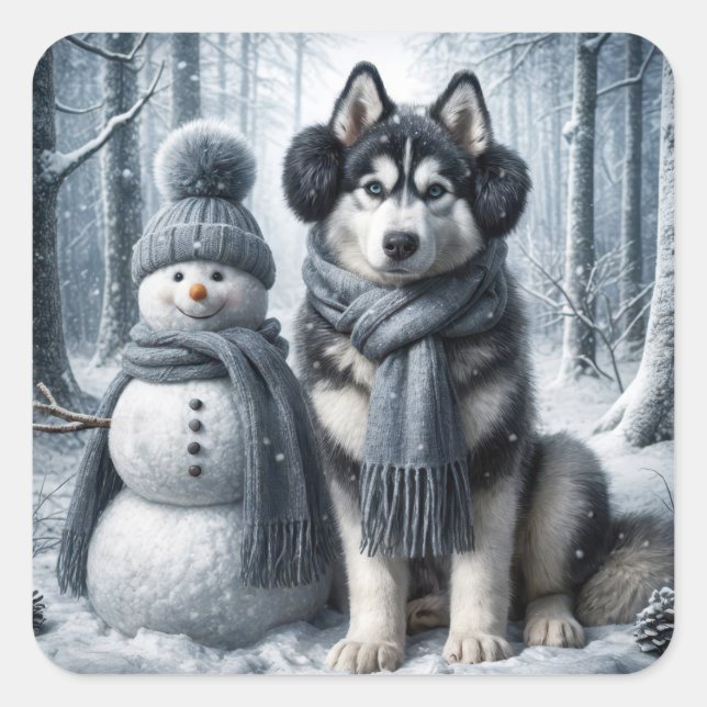 Pegatina Cuadrada Husky Siberiano Con Snowman (Anverso)