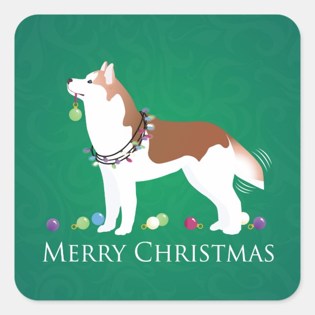 Pegatina Cuadrada Husky Siberiano - Rojo - Feliz diseño navideño (Anverso)