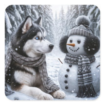 Husky y Snowman en Winter Woods