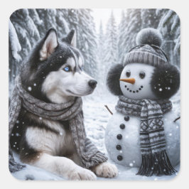 Pegatina Cuadrada Husky y Snowman en Winter Woods
