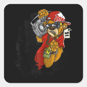 Pegatina Cuadrada Huste el cadera dura Hop Teddy Bear Rap