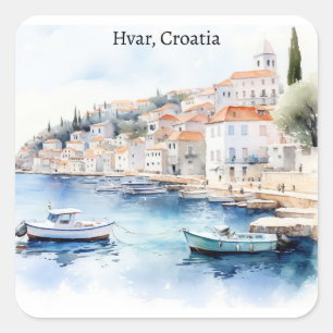 Pegatina Cuadrada Hvar Croatia Watercolor Travel