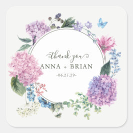 Pegatina Cuadrada Hydrangea Boda Floral pintado a mano Gracias