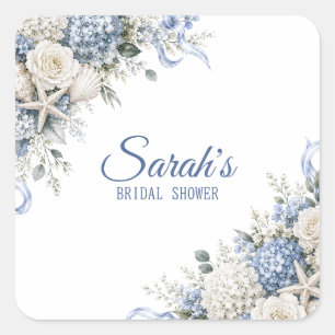 Pegatina Cuadrada Hydrangea Coastal Bridal Shower Personalizada