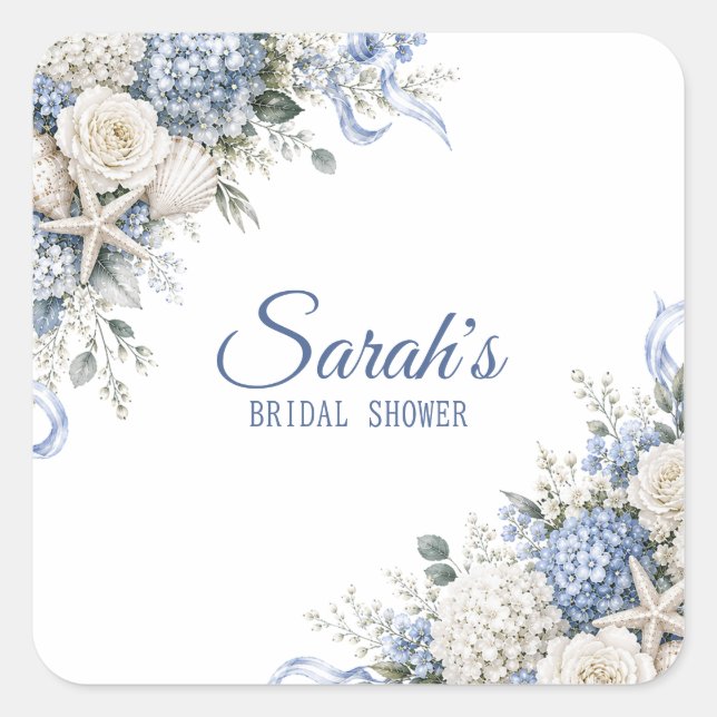 Pegatina Cuadrada Hydrangea Coastal Bridal Shower Personalizada (Anverso)