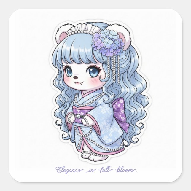 Pegatina Cuadrada Hydrangea Yukata Bear - Pastel Hair&Pearl Elegance (Anverso)