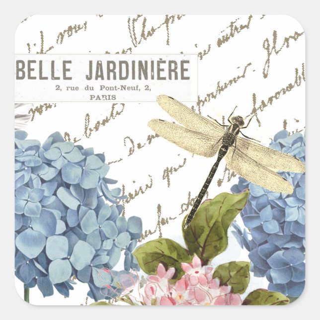 Pegatina Cuadrada Hydrangeas Dragonfly French Script Garden (Anverso)