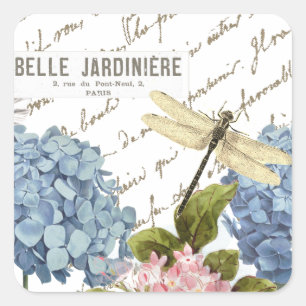 Pegatina Cuadrada Hydrangeas Dragonfly French Script Garden