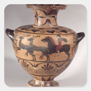 Pegatina Cuadrada Hydria, cazando escena, Griego arcaico, figura