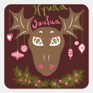 Pegatina Cuadrada Hyvää Joulua Navidades alce lindo con adornos