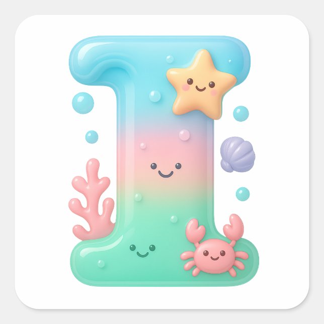 Pegatina Cuadrada "I" Cute Letter - Underwater Sea Creature (Anverso)