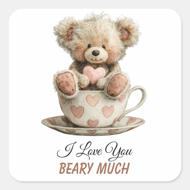 Pegatina Cuadrada I Love You Beary Much In Cup Postcard (Anverso)
