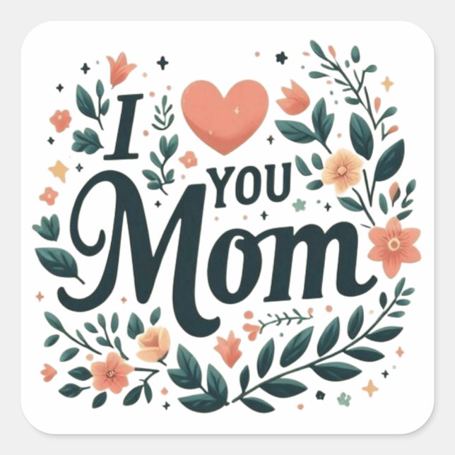 Pegatina Cuadrada I Love You Mom - Affectionate Floral Heart (Anverso)