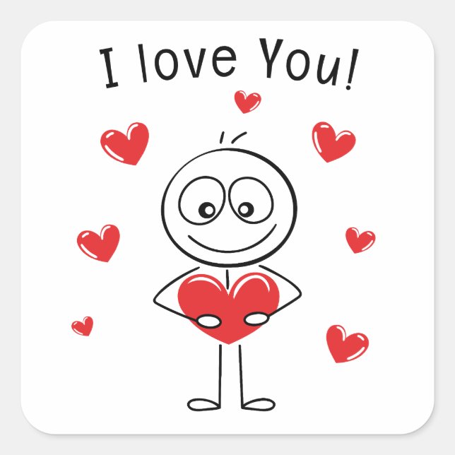 Pegatina Cuadrada I Love You Stick Figure Cute Hearts (Anverso)