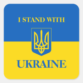 Pegatina Cuadrada I Stand With Ukraine. Ukrainian Flag & Trident. 