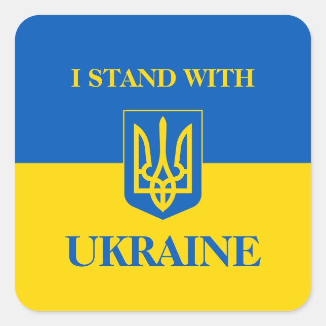Pegatina Cuadrada I Stand With Ukraine. Ukrainian Flag & Trident.  (Anverso)