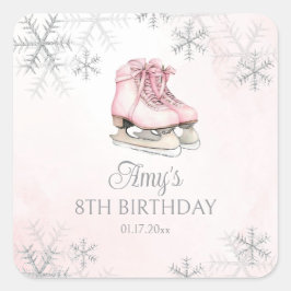 Pegatina Cuadrada Ice Skating Pink Silver Glitter Snowflake Birthday