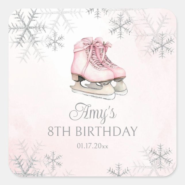 Pegatina Cuadrada Ice Skating Pink Silver Glitter Snowflake Birthday (Anverso)