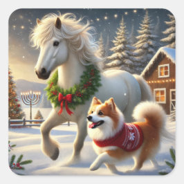 Pegatina Cuadrada Icelandic Horse and Dog Holiday Sticker