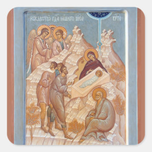Pegatina Cuadrada Icono cristiano ortodoxo de la Natividad de Cristo