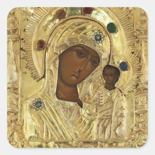 Pegatina Cuadrada Icono cristiano ortodoxo de Nuestra Señora de Kazá