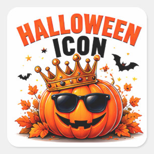 Pegatina Cuadrada Icono de Halloween Rey Calabaza Divertido Otoño