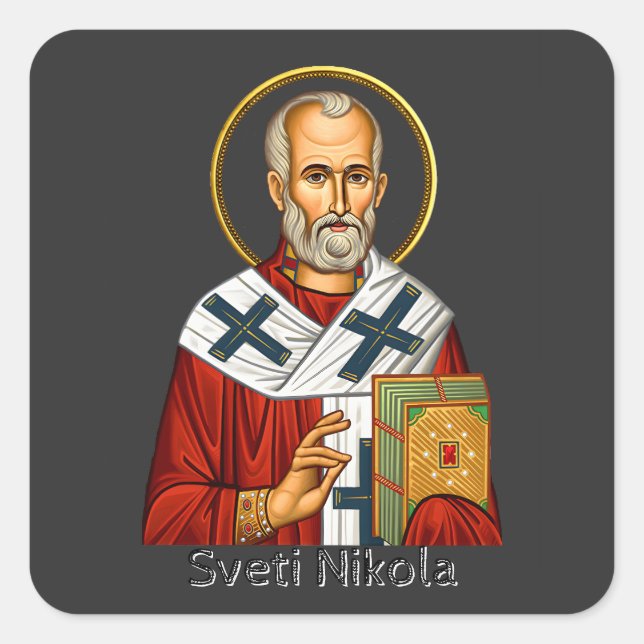 Pegatina Cuadrada Icono de la letra serbia ortodoxa de San Nicolás (Anverso)