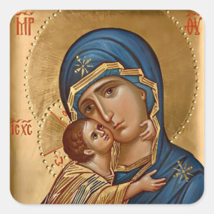 Pegatina Cuadrada Icono de la Theotokos y el Niño Jesús en azules y 