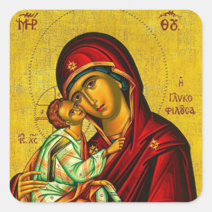Pegatina Cuadrada Icono de la Virgen María (Theotokos) y el Niño Jes